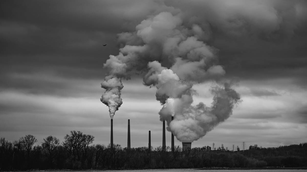 Power Plant over flooded river in Black and White